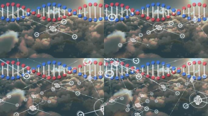 dna链旋转上带有图标的连接网络动画