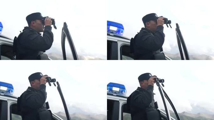 警察户外侦查 站在警车看望 警察用望远镜