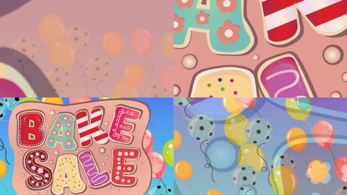 文字动画在彩色糖衣字母中烘烤销售，气球漂浮在蓝色上