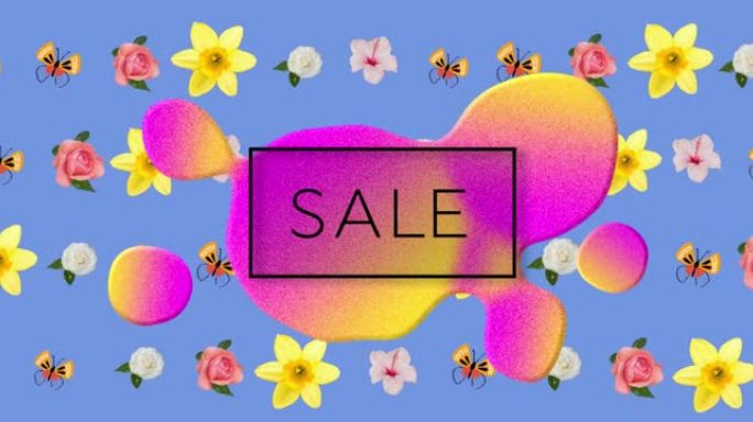 在催眠运动中运动的斑点和花朵上的销售文本动画