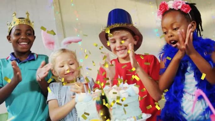 金色五彩纸屑在各种快乐的孩子身上的动画，帽子在派对上玩得开心