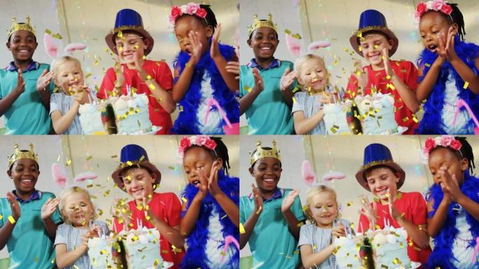 金色五彩纸屑在各种快乐的孩子身上的动画，帽子在派对上玩得开心