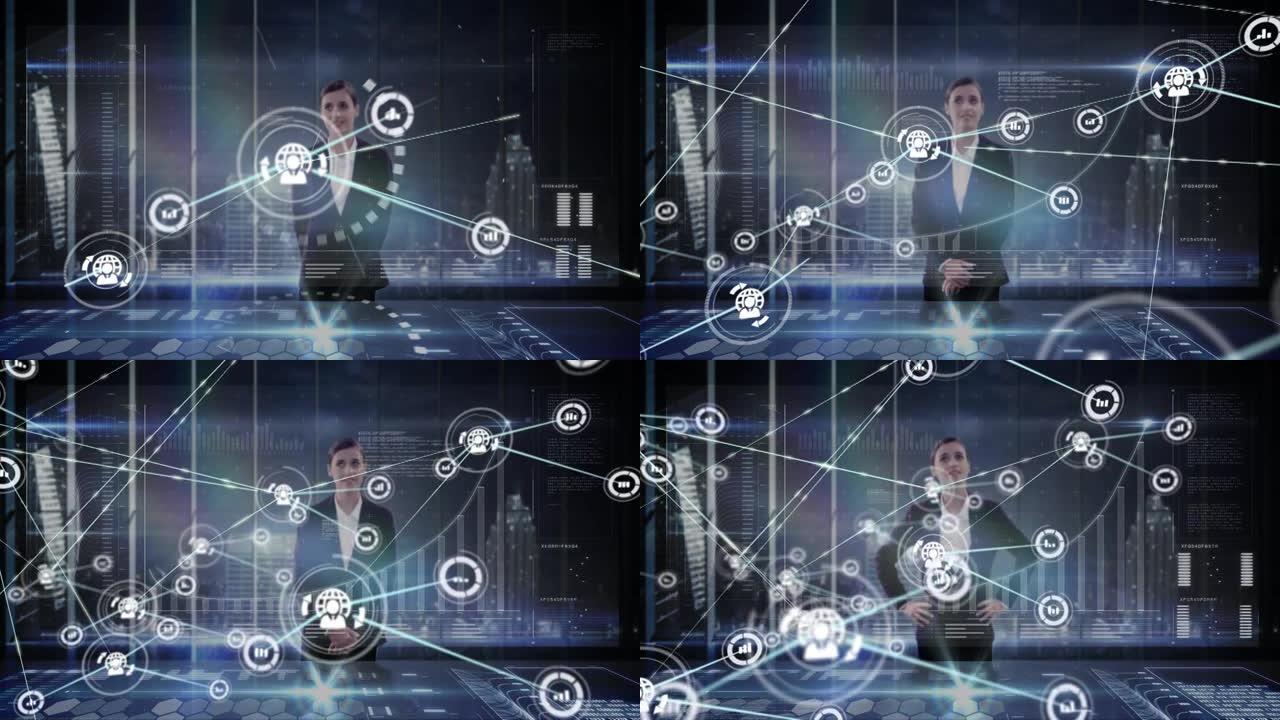 女商人触摸交互式屏幕上带有图标的连接网络动画