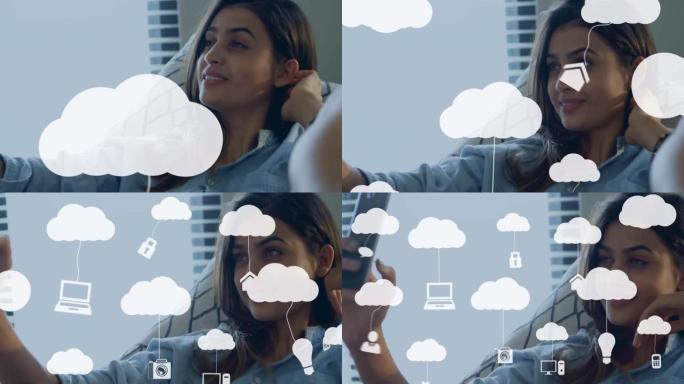 使用智能手机的女性云和媒体图标的动画