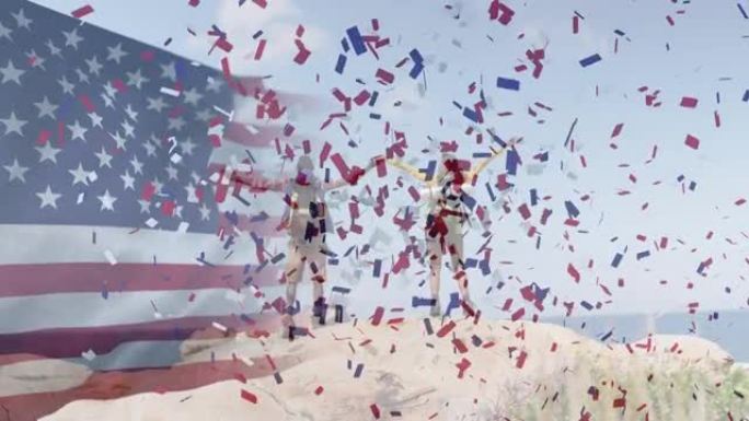 美国国旗和五彩纸屑在夫妇中张开双臂的动画