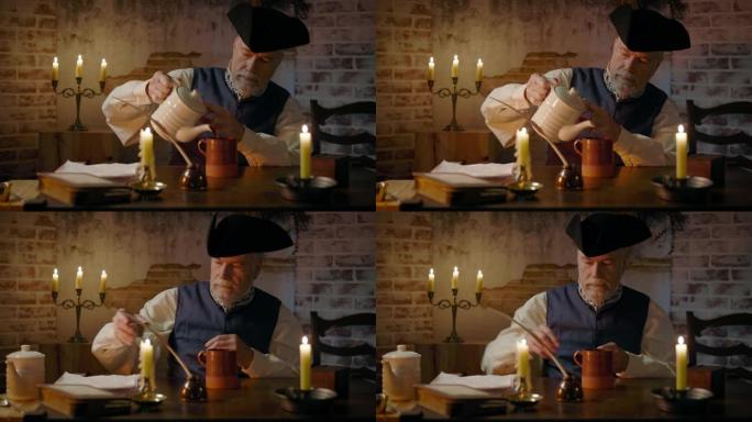 大约1790s的舒适场景被一位戴着三角帽的绅士的火光和烛光照亮，以一杯咖啡开始他的一天。