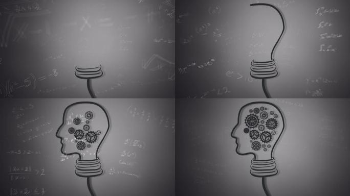 人头和齿轮在数学方程式上的灯泡动画