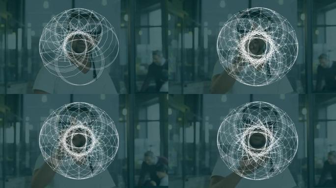 圆形几何动画，在使用虚拟接口的人佩戴虚拟现实耳机上