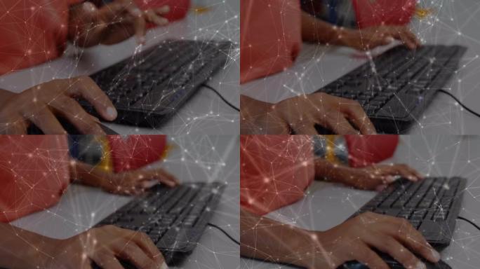 使用计算机键盘在双手上移动的发光连接网络动画