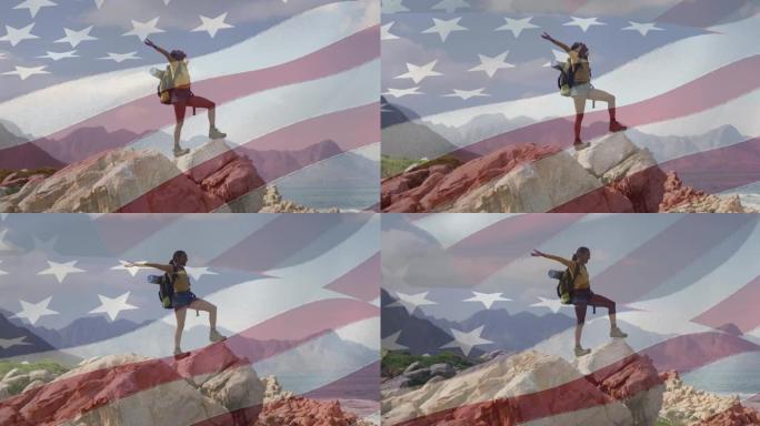 美国国旗在海滩上张开双臂的女人身上移动的动画