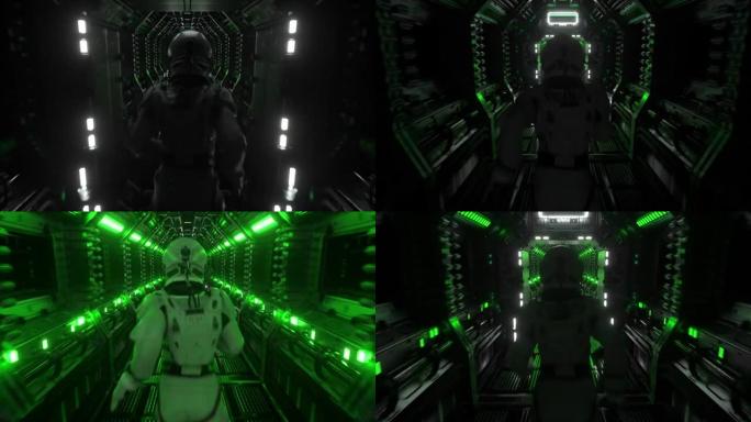 宇航员穿过隧道到太空门的另一个隔间。宇宙飞船和技术概念。无缝循环的4k动画