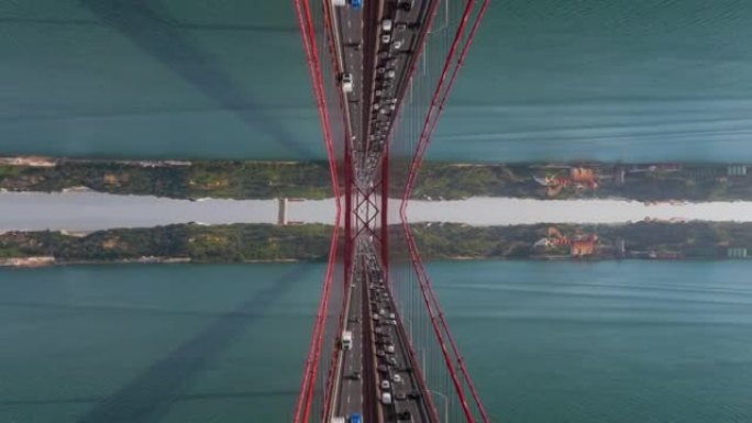 在宽阔的河流上飞过大红色吊桥的抽象超脱镜头。计算机增加了水平镜像效果。葡萄牙里斯本