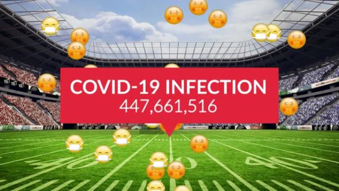 橄榄球体育场上的covid19感染计数器和病态表情符号的动画