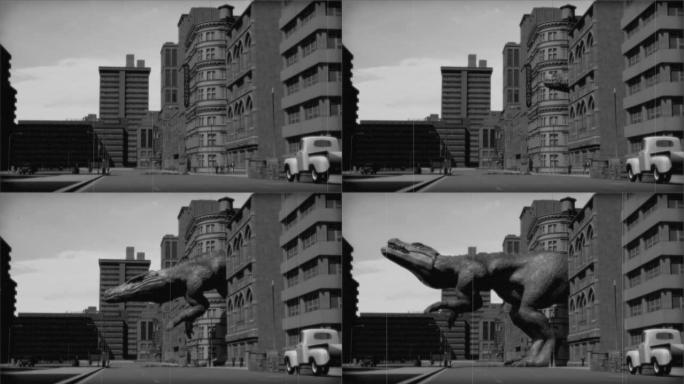 复古怪物: 城市中的巨型恐龙 (黑白)