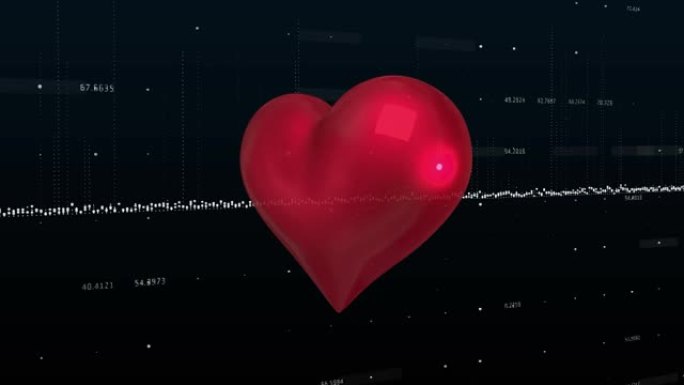 黑色背景上旋转的红心在移动线上和数据处理数量上的动画