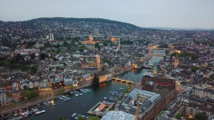 瑞士暮光照明苏黎世河城市景观空中全景4k