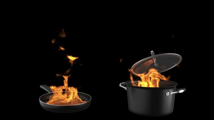 火在煎锅和平底锅中燃烧，背景为黑色。