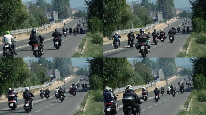 马其顿科卡尼的一组骑摩托车的摩托车手