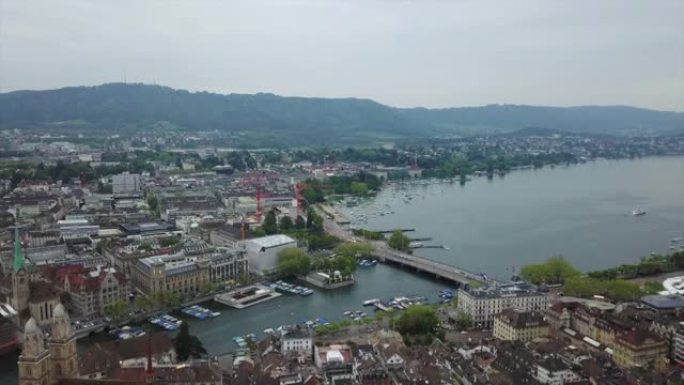 瑞士多云傍晚苏黎世城市景观湖滨空中全景4k