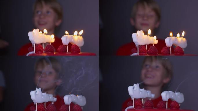 儿童生日派对。孩子们节日的生日男孩微笑着许愿，吹灭了用覆盆子装饰的节日蛋糕上的蜡烛