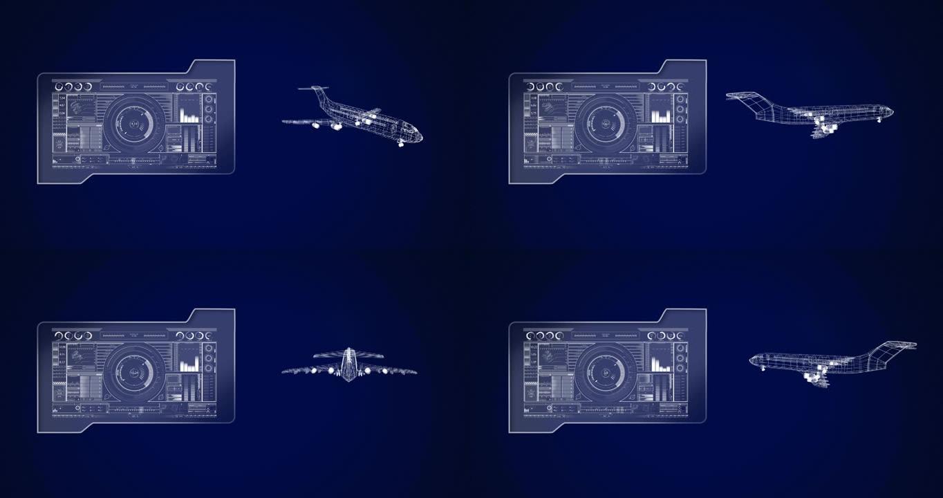 具有示波器扫描和数据处理的3d飞机绘图动画