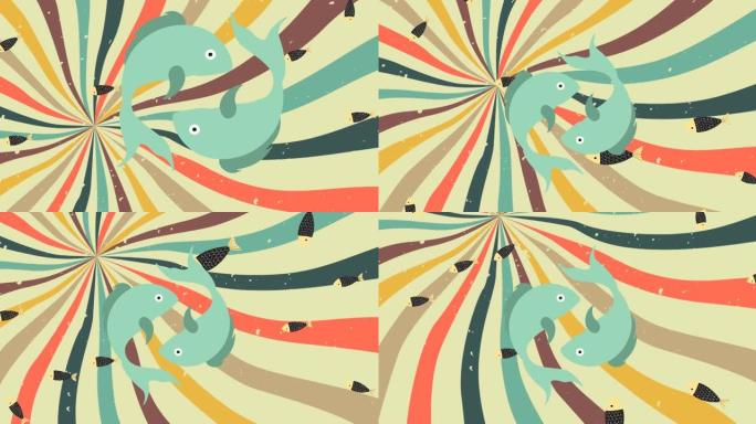 两条鱼在小鱼上的动画落在彩色条纹背景上