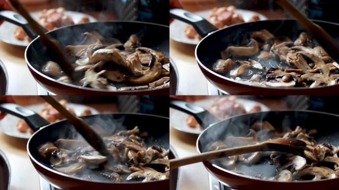 关闭选择性焦点视图，在黑锅中烹饪蔬菜和切碎的几乎煮熟的蘑菇，用油油炸健康的蔬菜