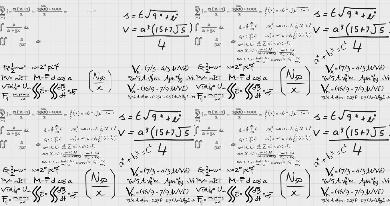手写数学方程在方形笔记本页面上移动的动画