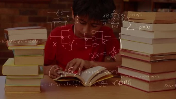 数学方程式漂浮在图书馆的高加索男孩读物上