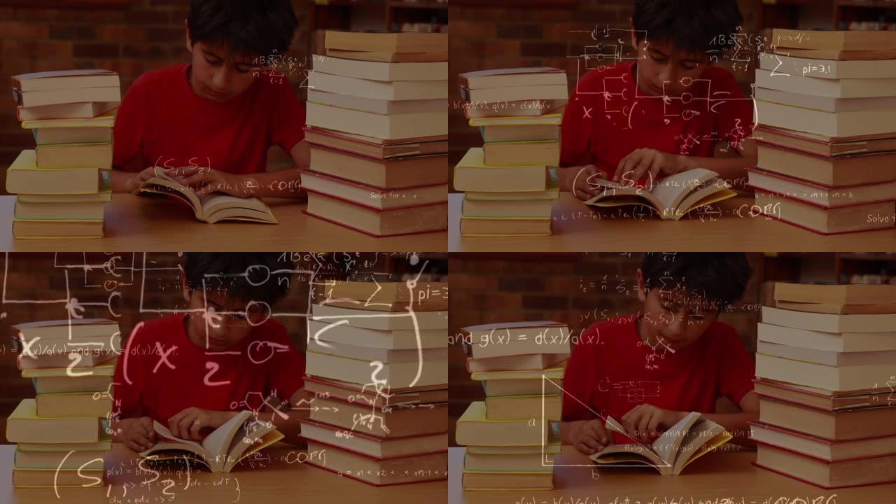 数学方程式漂浮在图书馆的高加索男孩读物上
