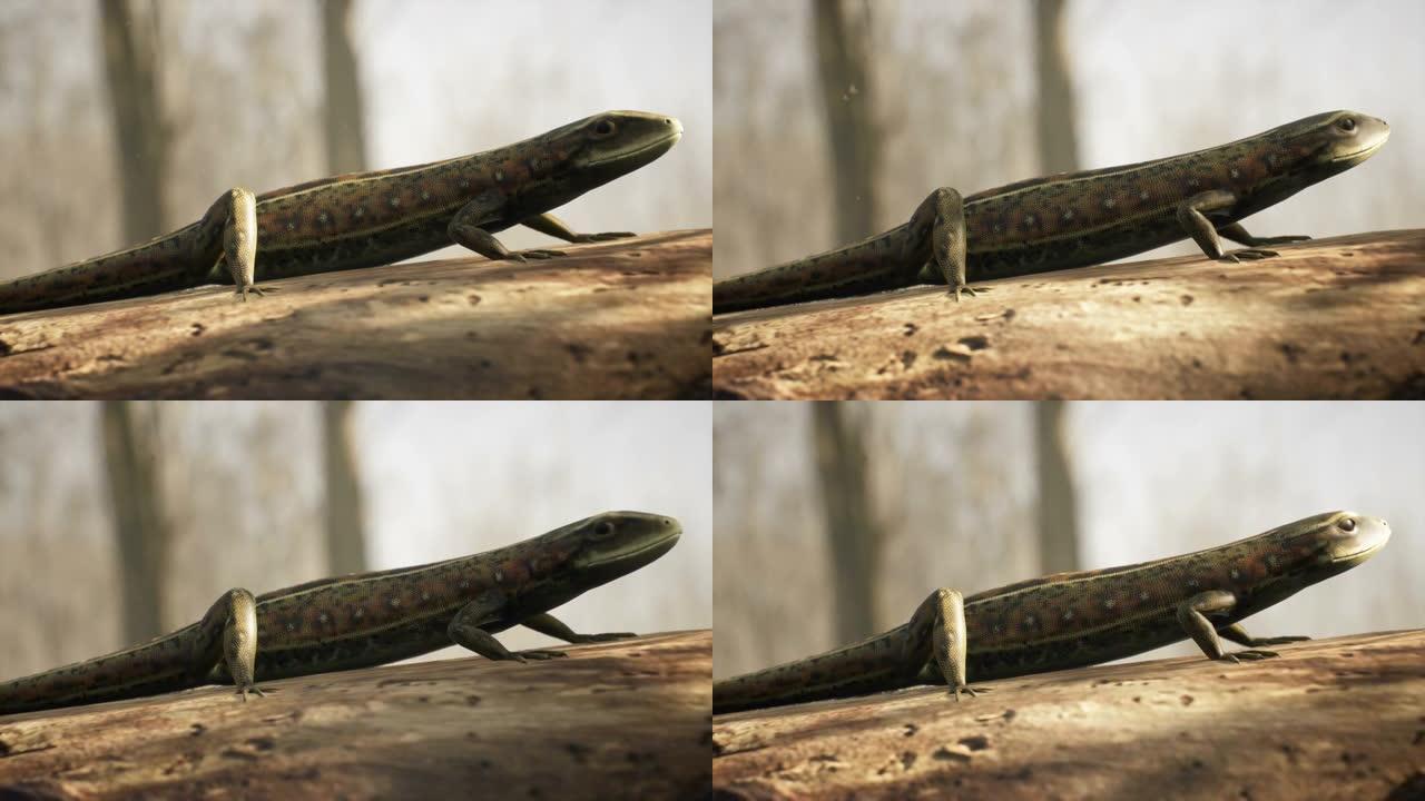 一种普通的胎生蜥蜴在阳光充足的森林里的原木上晒日光浴。站在典型栖息地的一块木头上的蜥蜴。循环动画适用