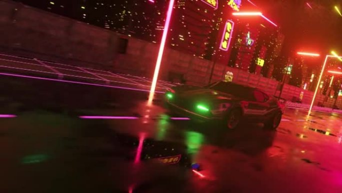 霓虹灯风格的汽车和城市。80年代复古波背景3d动画。复古的未来派汽车驶过霓虹灯城。无缝循环的3d渲染