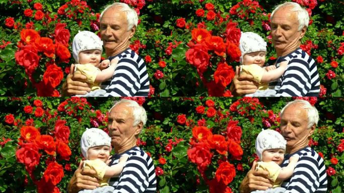 老人在玫瑰园里抱着一个婴儿玩