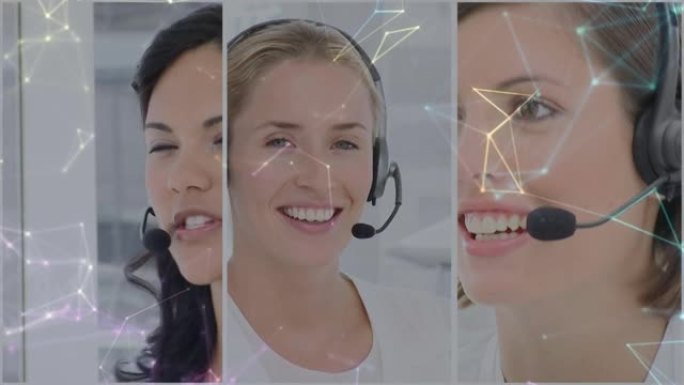 使用电话耳机的女商人照片上的连接网络动画