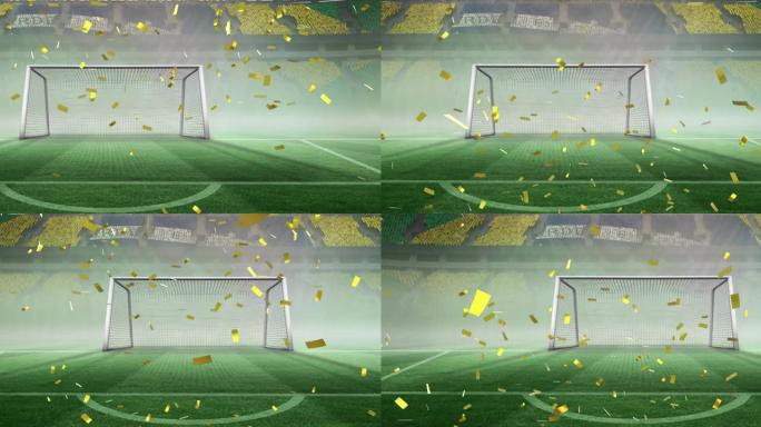 背景中金色五彩纸屑掉落在足球场上的数字动画