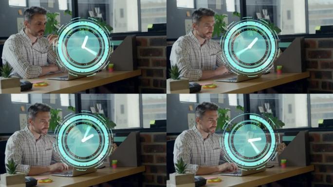 时钟在办公室使用笔记本电脑快速移动的动画