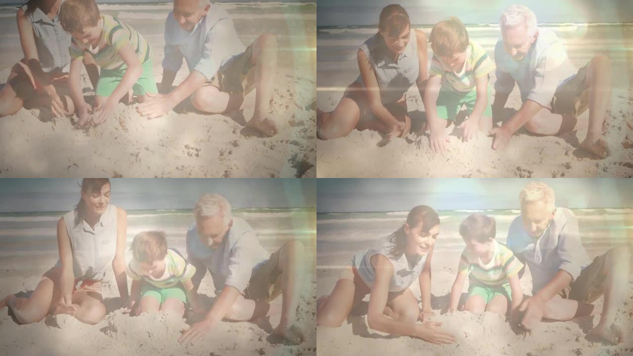 海边快乐的老人与女儿和孙子的发光动画