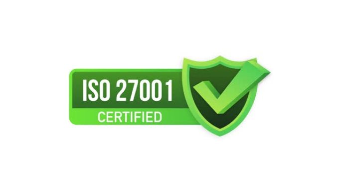 ISO 27001认证徽章，图标。认证印章。平面设计。运动图形。