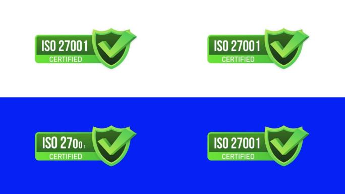 ISO 27001认证徽章，图标。认证印章。平面设计。运动图形。