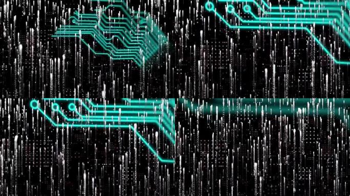 计算机电路板的动画，在黑色上落下的白光痕迹上
