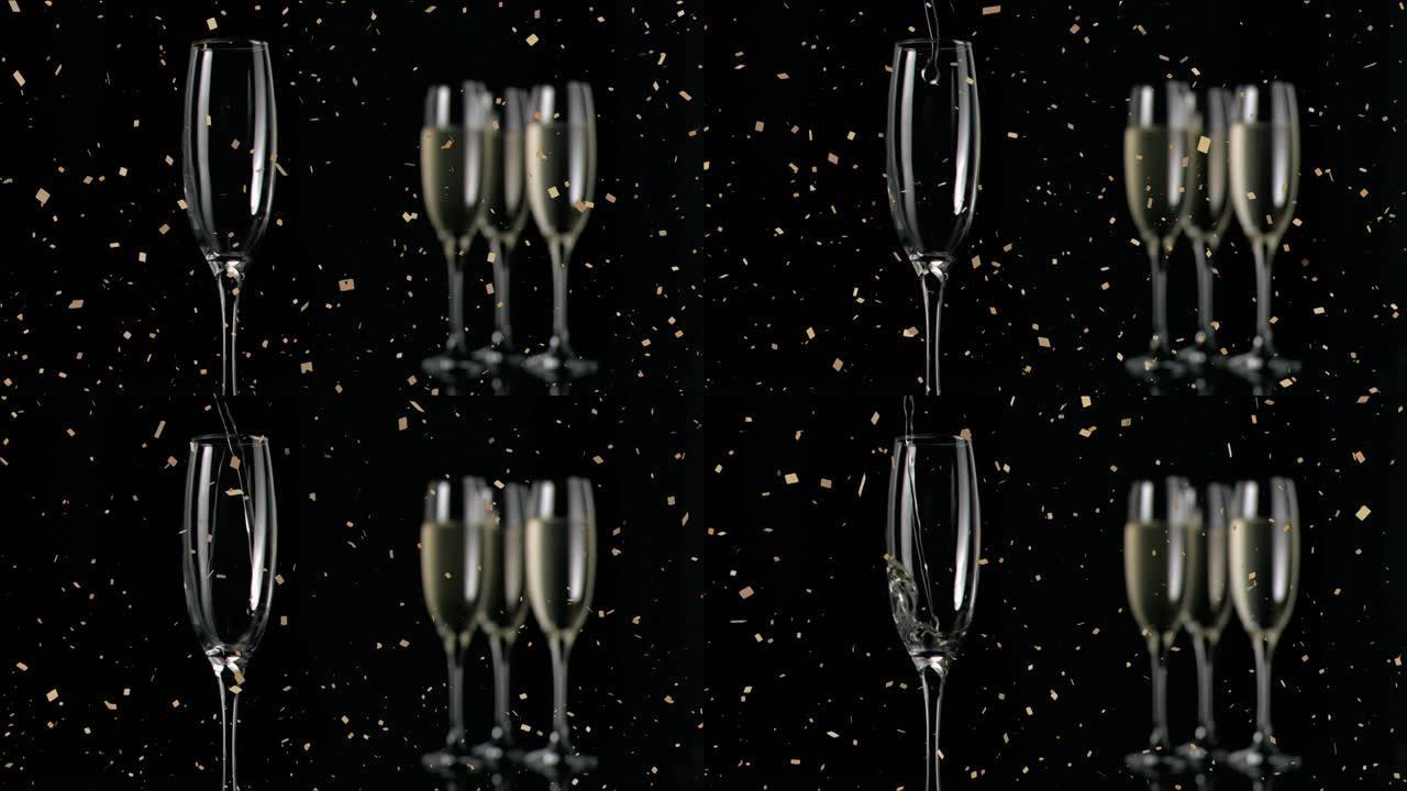 香槟杯和香槟倒酒的动画，五彩纸屑落在黑色背景上
