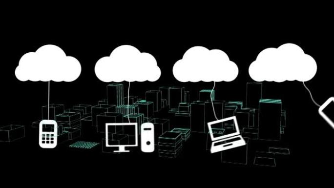 黑色背景上城市景观3d绘图上的数字云和图标动画