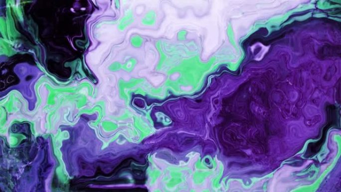 充满活力的紫色和绿色液体在催眠运动中流动的动画