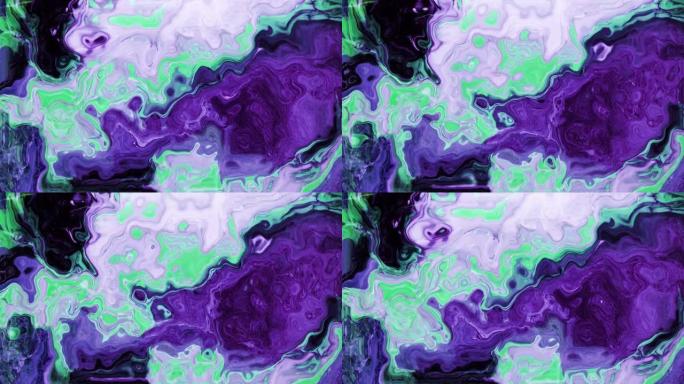充满活力的紫色和绿色液体在催眠运动中流动的动画
