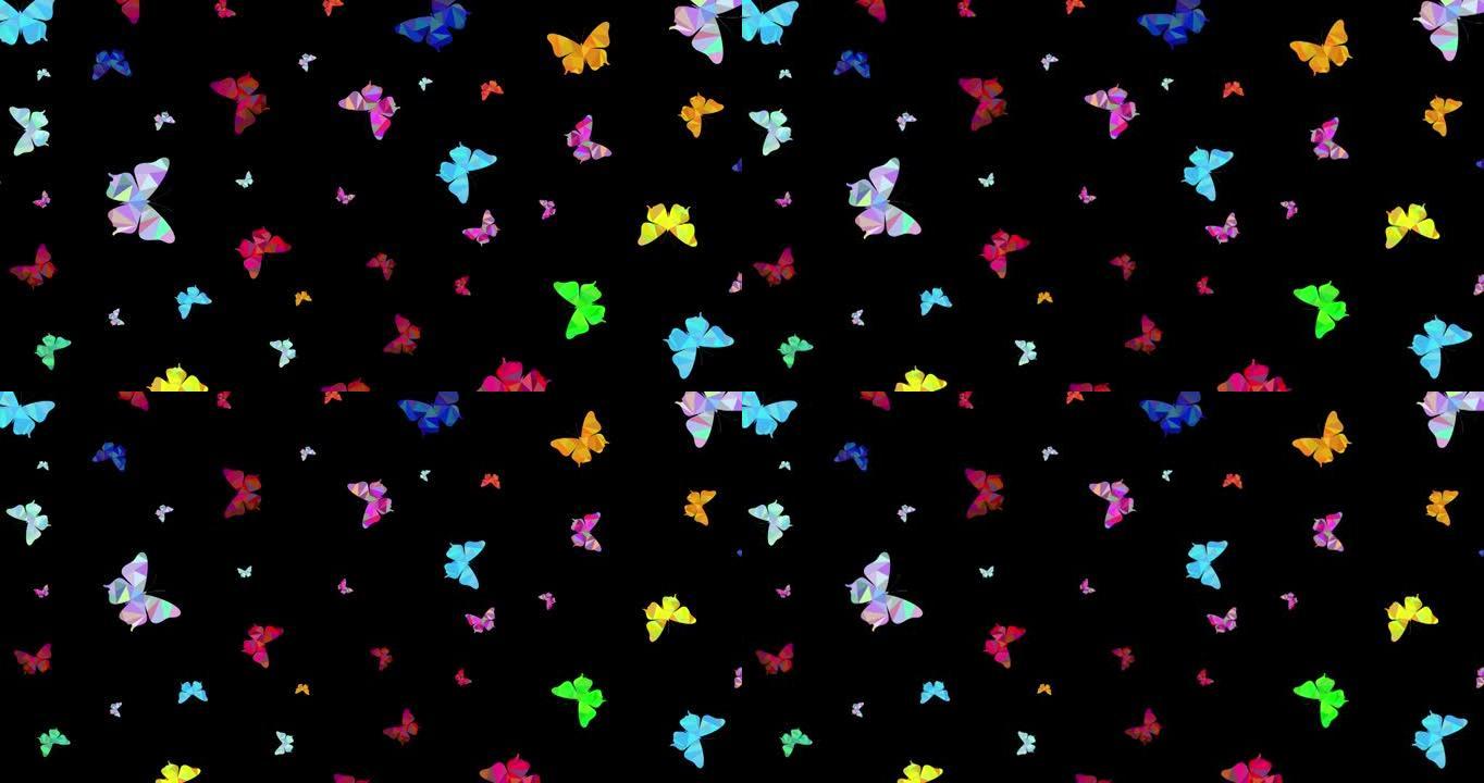 五彩多边形蝴蝶在黑色背景上旋转。画蝴蝶运动的动画。放大和缩小运动动画。横向构图，4k视频质量