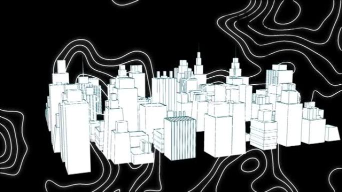 在黑色背景上绘制地图线的3d城市景观动画