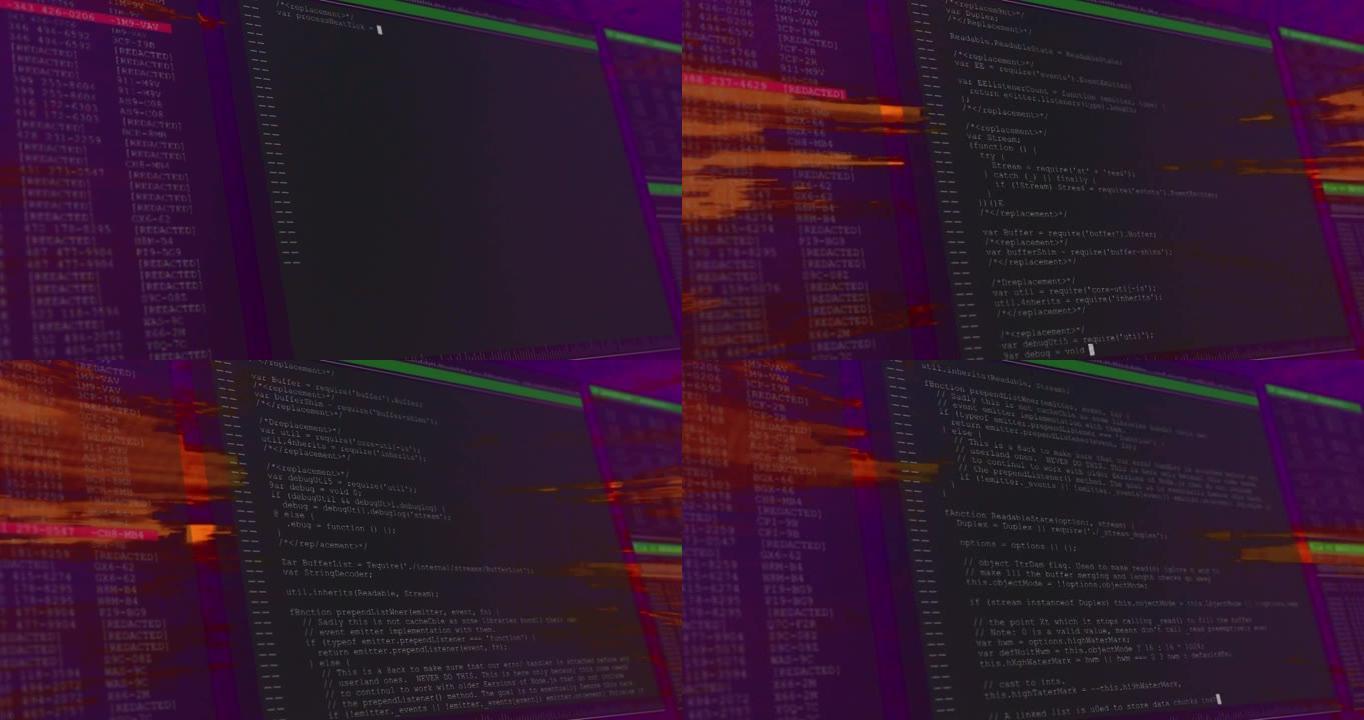 计算机界面上的数据处理动画，深色背景上的橙色闪烁