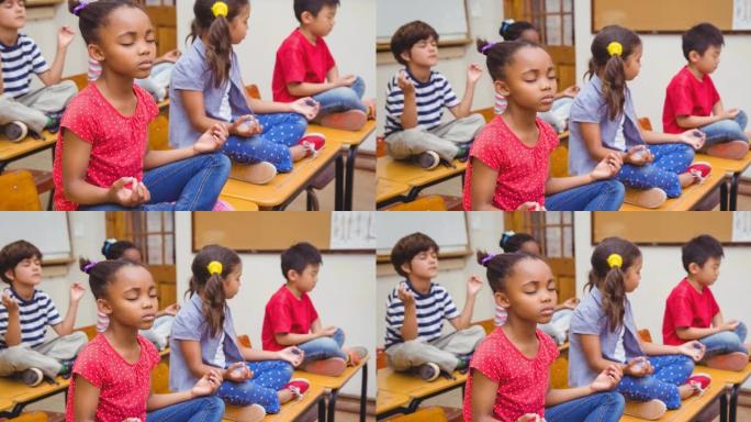 小学生坐在学校教室冥想的动画
