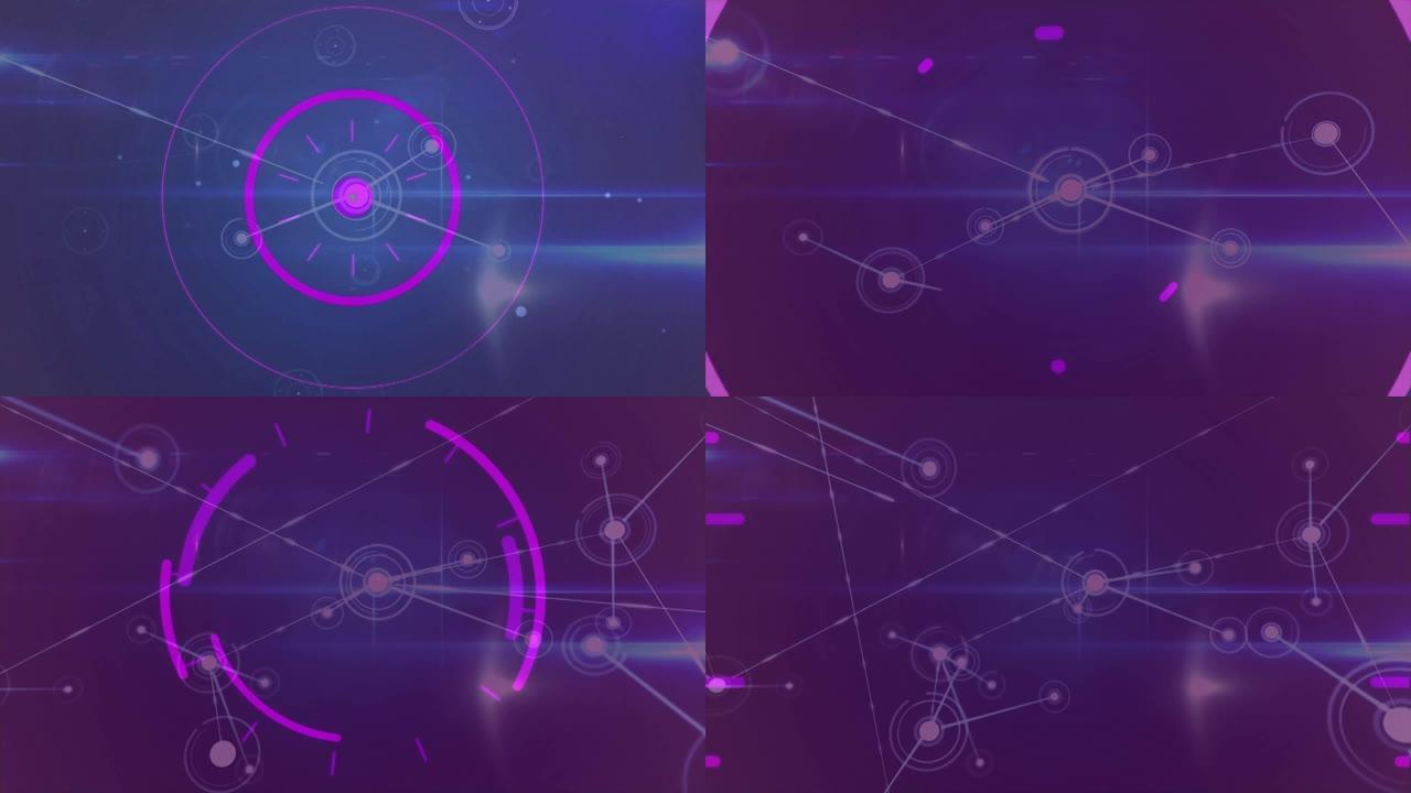 在深紫色上移动的粉红色戒指和发光网络的动画