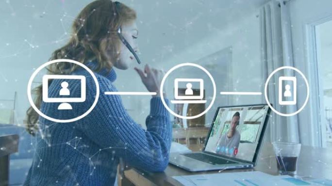 使用电话耳机和笔记本电脑在女商人上连接图标的网络动画